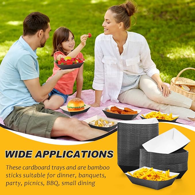 100 Pcs 2lb Paper Food Trays Boat Nacho Boats for Hot Dogs, Black | Grease-Resistant, Disposable Kraft Paper Boat for Tacos Concession, Food Trucks, Birthday, Wedding, Christmas, Halloween