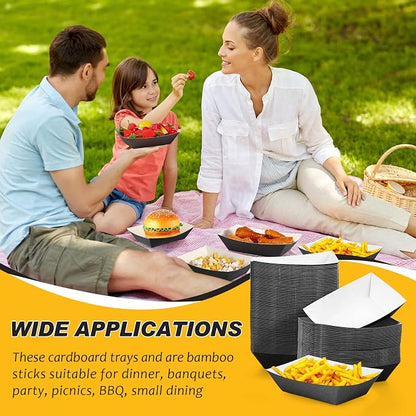 100 Pcs 2lb Paper Food Trays Boat Nacho Boats for Hot Dogs, Black | Grease-Resistant, Disposable Kraft Paper Boat for Tacos Concession, Food Trucks, Birthday, Wedding, Christmas, Halloween