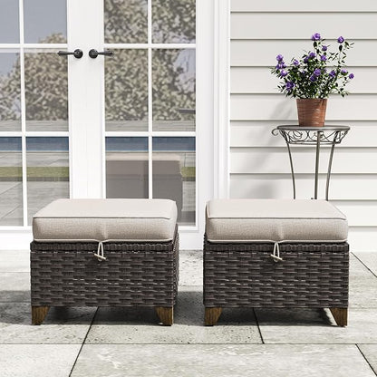 2 Pieces Patio Outdoor Ottomans with Removable and Washable Covers，PE Rattan Wicker Footstools for Porch, Garden, Sunroom (Beige)
