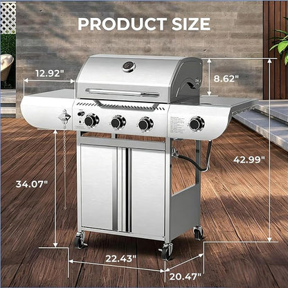 Electactic 3-Burner Propane Gas Grill with Side Burner, 34,000 BTU Stainless Steel BBQ Grill with Enameled Cast Iron Grates, Built-In Thermometer, Barbecue Grill for Outdoor Cooking, Patio, Tailgates