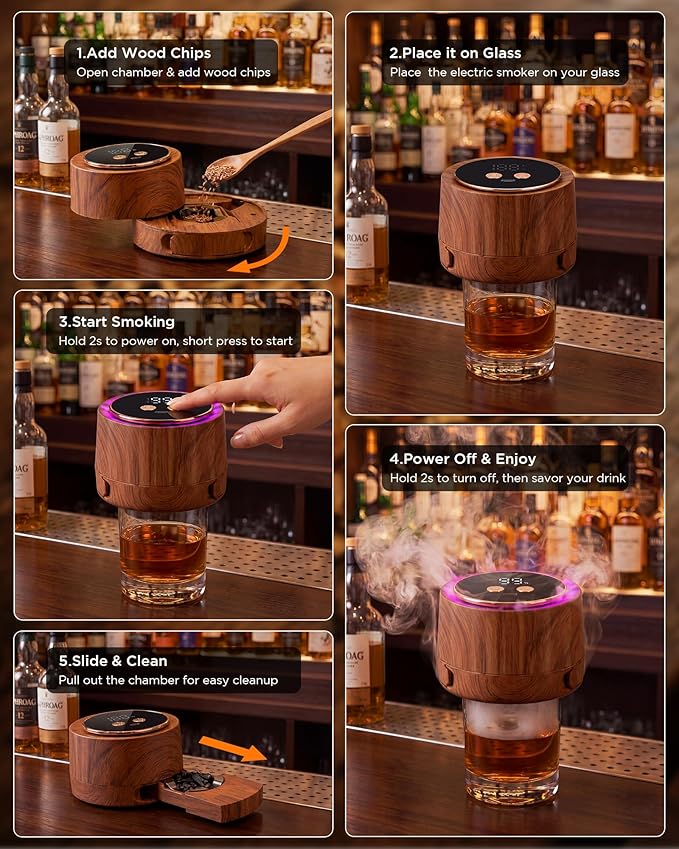 Electric Whiskey Smoker Kit - Rechargeable Cocktail Smoker with 6 Wood Chip Flavors - Smoke Infuser for Old Fashioned & Bourbon Cocktails - No Butane Needed - Father’s Day Gift for Men (Rich Oak)