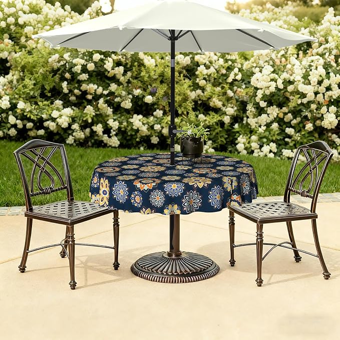 LVTXIII Round Outdoor Tablecloth with Umbrella Hole and Zipper, Water-Repellent 60 Inch Patio Table Cover for Bistro, Garden, Patio & Picnic, Bloom Cobalt