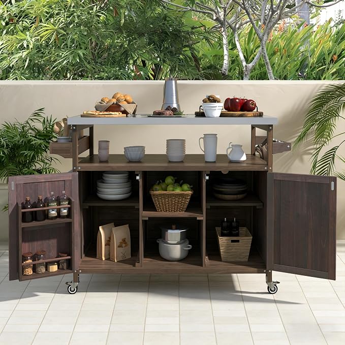 Bellemave Outdoor Kitchen Island with Stainless Steel Top, Rolling Bar Cart & Storage Cabinet, Outdoor Grill Cart with Spice & Towel Rack, Rolling Island Table for Kitchen & BBQ, Dark Brown