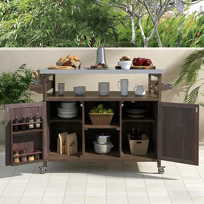 Bellemave Outdoor Kitchen Island with Stainless Steel Top, Rolling Bar Cart & Storage Cabinet, Outdoor Grill Cart with Spice & Towel Rack, Rolling Island Table for Kitchen & BBQ, Dark Brown