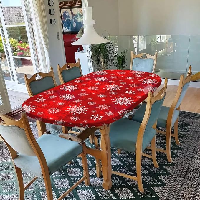 Red Snowflake Oval Fitted Table Covers, Christmas Snowflake Polyester Elastic Edged Table Cloths, Wrinkle Resistant Tablecloth for Indoor Family Banquet and Outdoor Patio Use, Fits to 42x60 in Tables