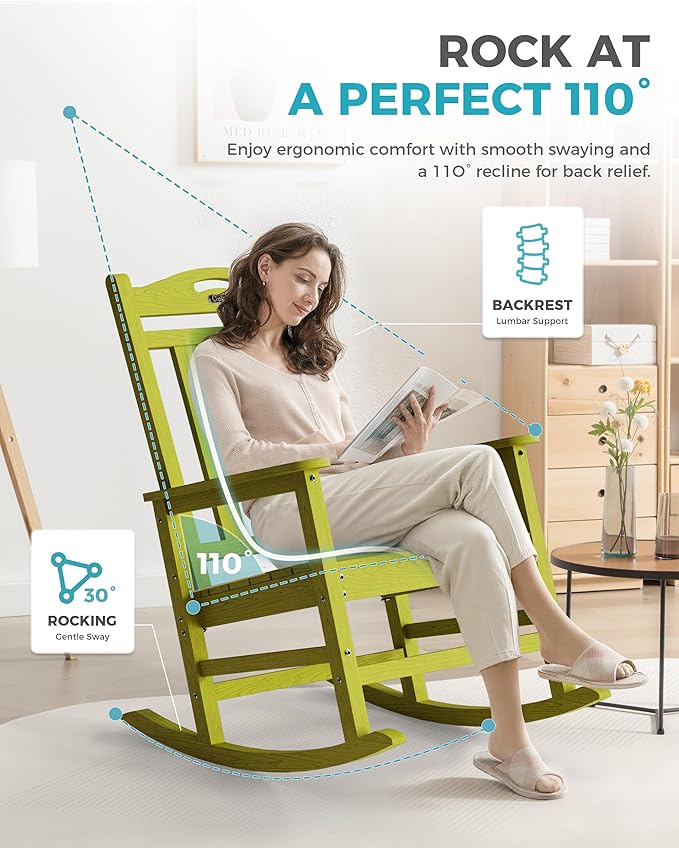 Ciokea Oversized Outdoor Rocking Chair, 380lbs Heavy-Duty Large Patio Rocker, Weather Resistant & Anti-Fade Porch Chair, High Back Cozy Rocking Chair for Outside, Fire Pit, Deck, Garden, Lime Green