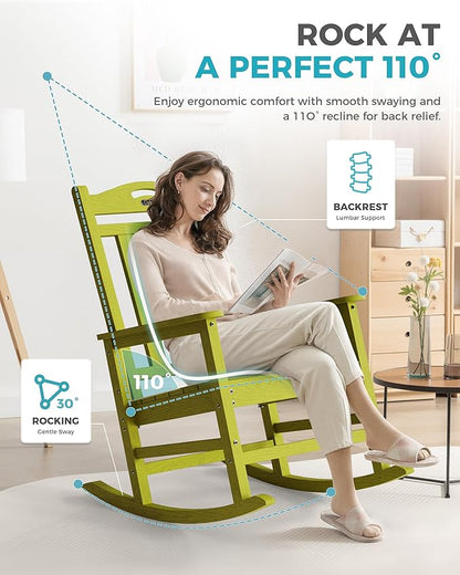 Ciokea Oversized Outdoor Rocking Chair, 380lbs Heavy-Duty Large Patio Rocker, Weather Resistant & Anti-Fade Porch Chair, High Back Cozy Rocking Chair for Outside, Fire Pit, Deck, Garden, Lime Green