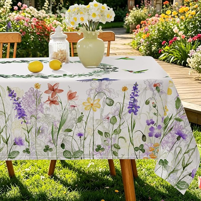 SASTYBALE Spring Summer Tablecloth, 52" x 70" Rectangular Watercolor Wild Flower Birds Plants Decorative Table Cloth Washable Water Resistant Table Cover for Party Picnic Dinner Decor, Colourful