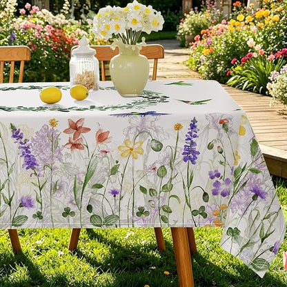 SASTYBALE Spring Summer Tablecloth, 52" x 70" Rectangular Watercolor Wild Flower Birds Plants Decorative Table Cloth Washable Water Resistant Table Cover for Party Picnic Dinner Decor, Colourful