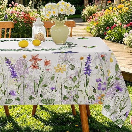 SASTYBALE Spring Summer Tablecloth, 52" x 70" Rectangular Watercolor Wild Flower Birds Plants Decorative Table Cloth Washable Water Resistant Table Cover for Party Picnic Dinner Decor, Colourful