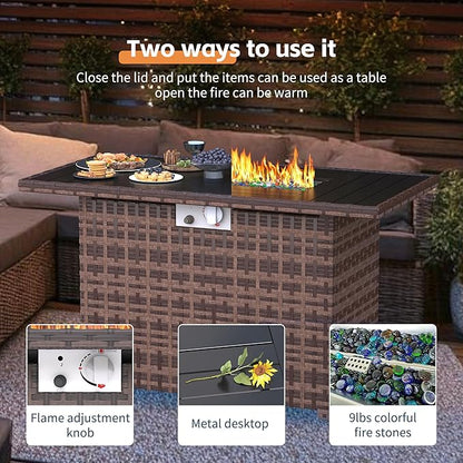 UDPATIO Patio Furniture Set with Fire Pit Table, 8 Inch Armrest 7 Piece Outdoor Sectional Sofas, All-Weather Wicker Conversation for Garden, Backyard, Brown/Dark Grey