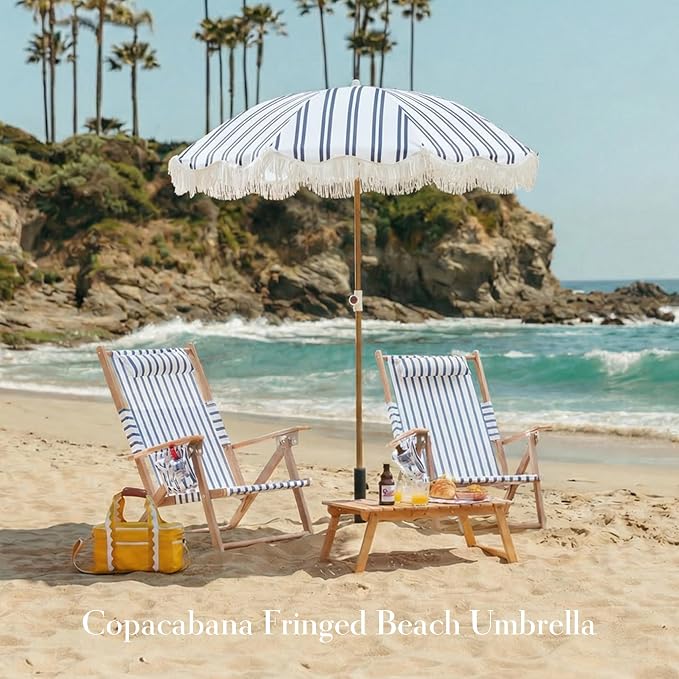6FT Striped Fringe Beach Umbrella, Sand Anchor, UPF 50+ Sun Shade | Adjustable Tilt & Portable Design, Coastal Umbrella for Beach & Patio, Heritage Ocean Blue Stripe