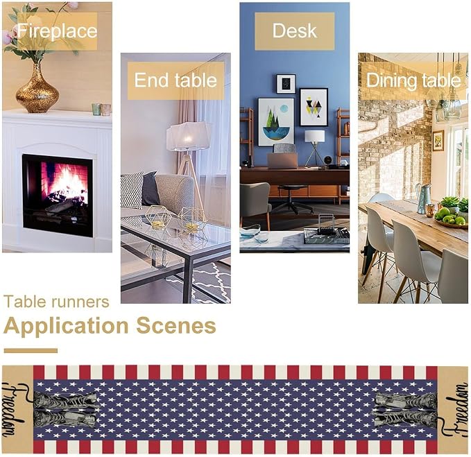 Stripes Stars Boots Freedom Memorial Day Patriotic 4th of July Table Runner, Independence Day Holiday Farmhouse Burlap Indoor Kitchen Dining Patriotic Independence Table Decor Home Party 13x36 Inch