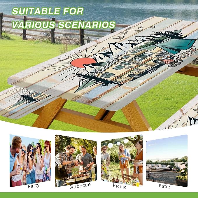 JAWO Picnic Table Cover with Bench Covers Camper RV Camping Essentials, Oil-Proof Waterproof 3PCS Tablecloth with Elastic, Fitted for Table Rectangle and Seats, Board Beach 30X72inch