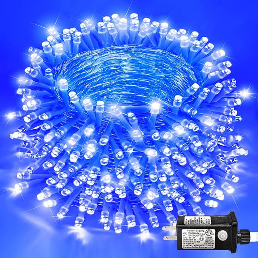 197FT 600 LED Outdoor String Lights, Blue Christmas Lights Indoor | Plug in Waterproof 8 Modes Clear Wire String Twinkle Lights for Bedroom Outside Patio Yard Xmas Party Holiday Decorations