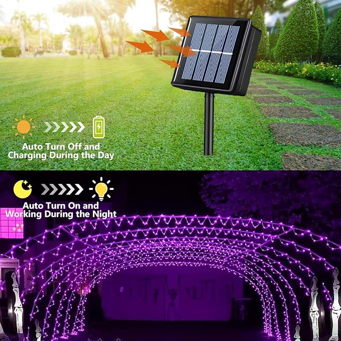 YEGUO Solar Halloween Lights Outdoor Waterproof, 66ft 200 LED Purple Solar Rope Lights, 8 Modes Fairy Lights in Clear Thin Tube