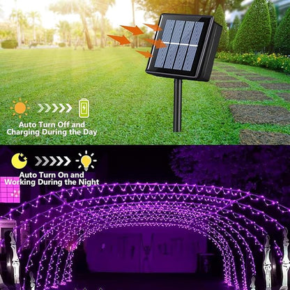 YEGUO Solar Halloween Lights Outdoor Waterproof, 66ft 200 LED Purple Solar Rope Lights, 8 Modes Fairy Lights in Clear Thin Tube