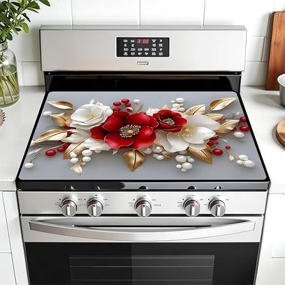 Multi-Design Stove Cover for Glass/Electric Stoves - 3-in-1 Heat-Resistant Protector Mat, Non-Slip Drying Rack 28"x20" (3D Flowers)