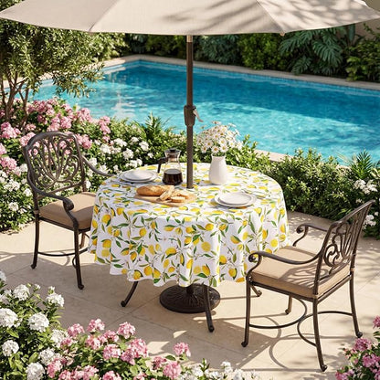 SquarePie 60 inch Round Outdoor Tablecloth with Umbrella Hole - Waterproof Patio Table Cover for Spring Summer Garden Camping Poolside Picnic BBQS, Summer Lemon