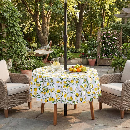 SquarePie 60 inch Round Outdoor Tablecloth with Umbrella Hole - Waterproof Patio Table Cover for Spring Summer Garden Camping Poolside Picnic BBQS, Summer Lemon