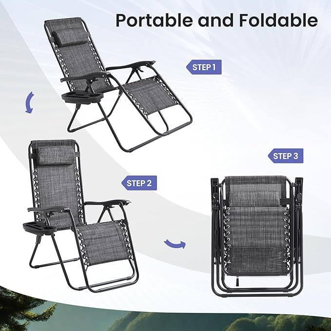 Zero Gravity Chair Set of 2 Oversized Folding Recliner, Padded Anti Gravity Lounge Chair with Adjustable Pillow & Cup Holder for Outdoor Camping, Patio, Poolside, Lawn (Gray)