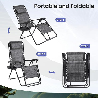 2-Pack Zero Gravity Lounge Chair Recliners - Adjustable Steel Frame with Removable Headrests & Cup/Phone/Tablet Trays - 330LBS Capacity - Gray