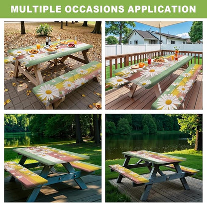 FOREVER QUEEN Picnic Table Cover with Bench Covers 72in,Waterproof Windproof Fitted Tablecloth,Spring Daisy Floral Camping Essentials with Drawstring Bag for Patio,Park & Backyard