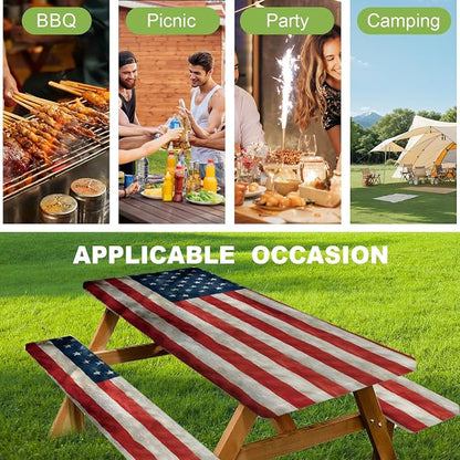 ANNA QUEEN Patriotic American Flag 6FT Picnic Table Cover with Bench Covers Set of 3 with Drawstring Bag, USA Flag 72"x30" Waterproof Picnic Tablecloth & Bench Covers for Outdoor BBQ