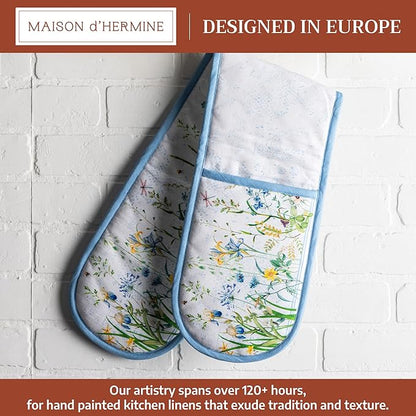Maison d' Hermine Double Oven Mitts 100% Cotton 7"x35" Double Oven Mitt Heat Resistant BBQ Cooking Gloves with Loop Baking Grilling Kitchen Hotel Home Farmhouse Spring Summer (Fleurs De Mai)