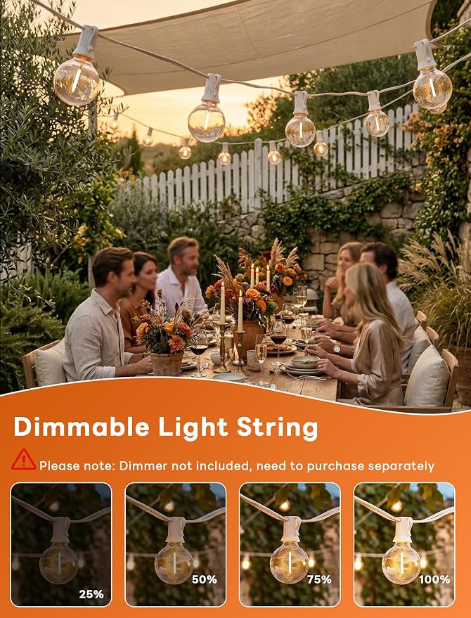 Abeja LED Outdoor String Lights, 50FT G40 Patio String Lights with 52 Dimmable Shatterproof Bulbs, Waterproof Backyard Outdoor Hanging Lights for Backyard, Bistro, Porch, Deck Decor