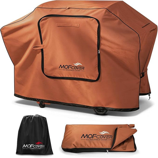 Exclusive Foldable 82 inch Grill Cover, 600D Heavy Duty XXL Outdoor BBQ Cover for 6 Burners Grill Weber Nexgrill CharBroil Monument, Caramel