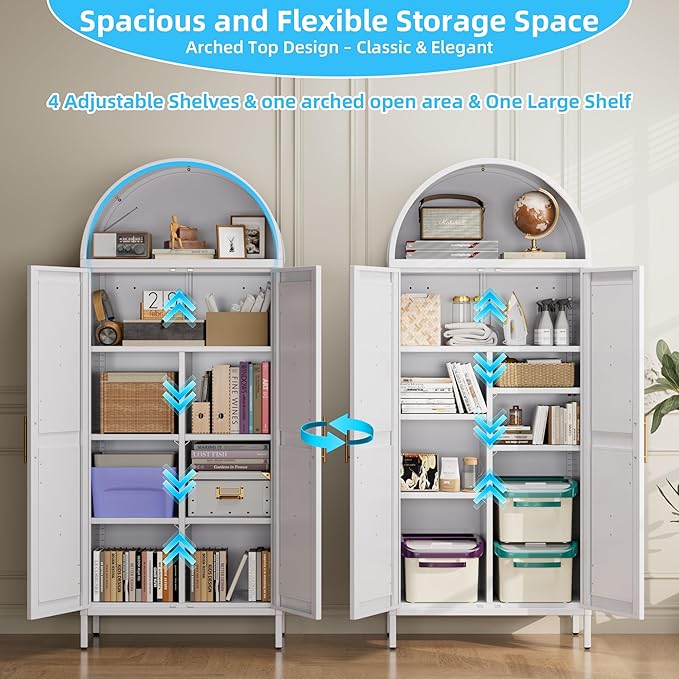 Metal Arched Pantry Cabinet with 4 Adjustable Shelves, Farmhouse Tall Arched Cabinet with 2 Doors for Kitchen，Living Room,White, Assemble Required, 13.8" D x 27.6" W x 66.9" H