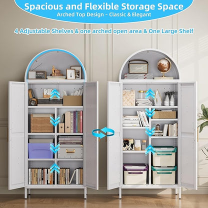 Metal Arched Pantry Cabinet with 4 Adjustable Shelves, Farmhouse Tall Arched Cabinet with 2 Doors for Kitchen，Living Room,White, Assemble Required, 13.8" D x 27.6" W x 66.9" H