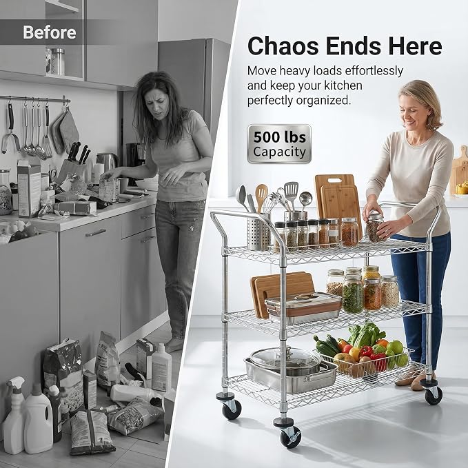 Finnhomy 3-Tier Commercial Grade Rolling Cart, Heavy Duty Utility Cart with Wheels and Handles, Metal Kitchen Carts on Wheels with 500 lbs Capacity, Shelf Size 20" D x 36" W, NSF