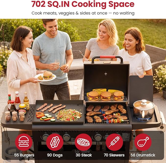 LAUDLIFE 5-Burner Propane Grill Griddle Combo with Side Burner, Dual Zone BBQ Gas Grill, Non-Stick Porcelain-Enameled Surface, Easy to Clean, 702 Sq.In. Cooking Area, Heavy-Duty Stand for Backyard