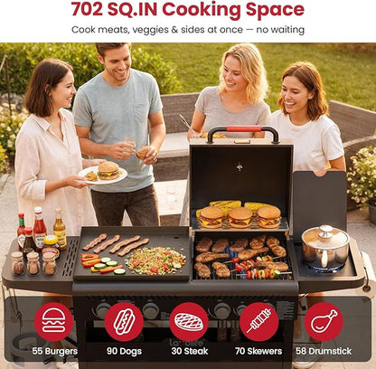LAUDLIFE 5-Burner Propane Grill Griddle Combo with Side Burner, Dual Zone BBQ Gas Grill, Non-Stick Porcelain-Enameled Surface, Easy to Clean, 702 Sq.In. Cooking Area, Heavy-Duty Stand for Backyard