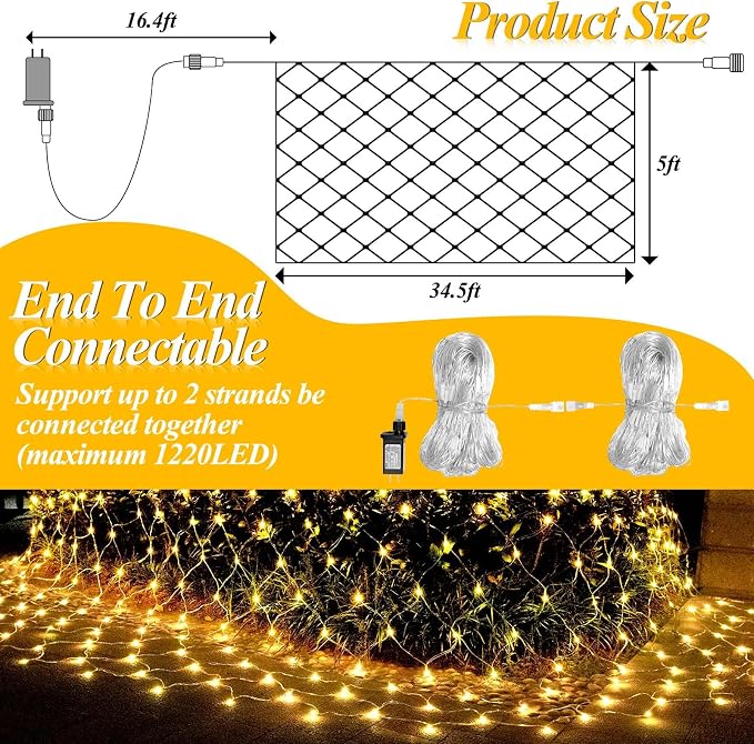 LitHome 34.5FT x 5FT Christmas Net Lights Outdoor Mesh Lights Connectable | 8 Modes 610 LED Waterproof Warm White Christmas Mesh Light for Bushes, Garden, Backyard, Xmas, Holiday Decor, Clear Wire
