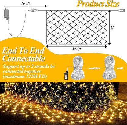 LitHome 34.5FT x 5FT Christmas Net Lights Outdoor Mesh Lights Connectable | 8 Modes 610 LED Waterproof Warm White Christmas Mesh Light for Bushes, Garden, Backyard, Xmas, Holiday Decor, Clear Wire