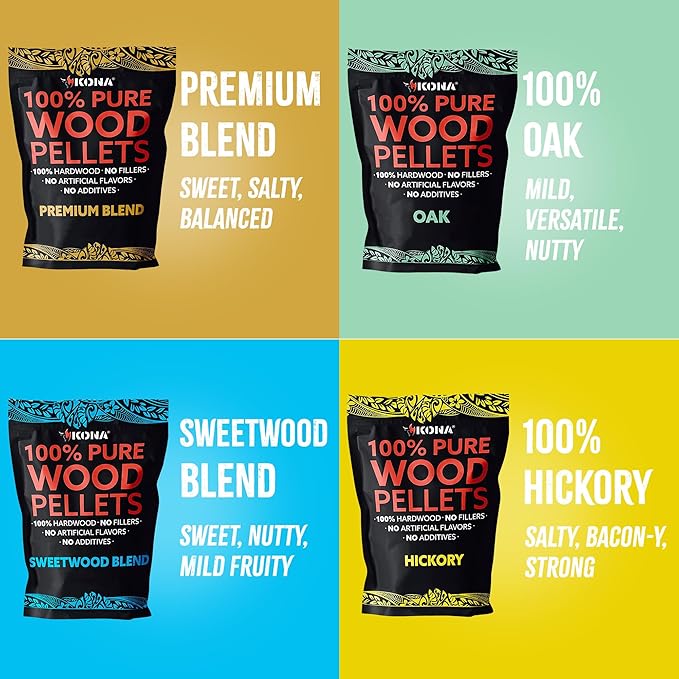 Kona All-Purpose Wood Pellets Variety Pack, Intended for Ninja Woodfire Outdoor Grill, Hickory, Oak, Premium Blend & Sweetwood Blend, 4, 2 lb Resealable Bags