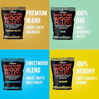 Kona All-Purpose Wood Pellets Variety Pack, Intended for Ninja Woodfire Outdoor Grill, Hickory, Oak, Premium Blend & Sweetwood Blend, 4, 2 lb Resealable Bags