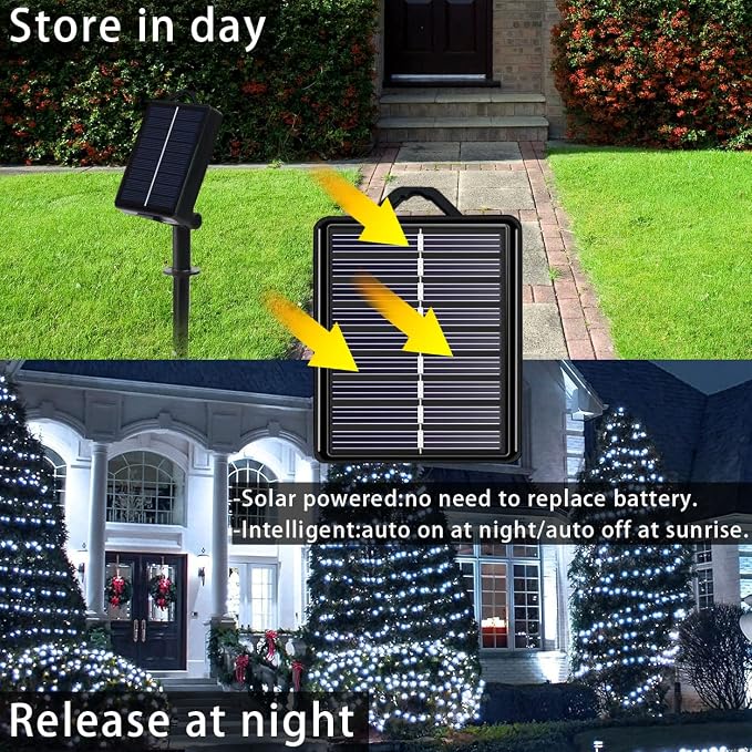 Solar Christmas String Lights, Cool White 200Led Outdoor Waterproof | 2 Pack Total 400LED 144Ft 8 Modes Timer, IP44 Outside Fairy Lights for Tree, Garden, Patio, Lawn, Party, Yard Decorations