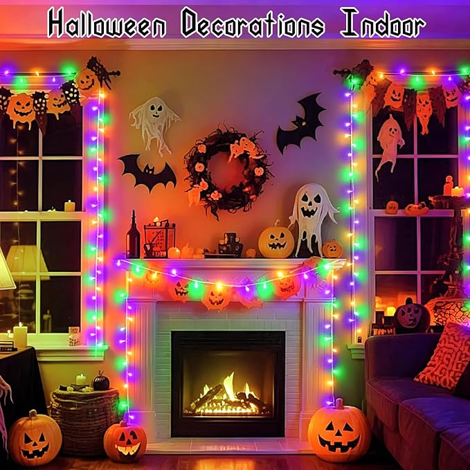 Halloween Lights Battery Operated Indoor Outdoor with Timer Waterproof Total 100LED 33ft for Halloween Decorations 16.4Ft*2, 50LED*2 for Halloween Decor, Orange&Purple&Green