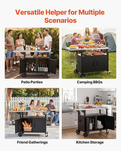 VEVOR Outdoor Grill Cart with Storage Cabinet, 48.9 Inch Grill Table, Waterproof Kitchen Island with Stainless Steel Top, Shelf, and Wheels, Movable Food Prep Station for Patio Bar Backyard BBQ
