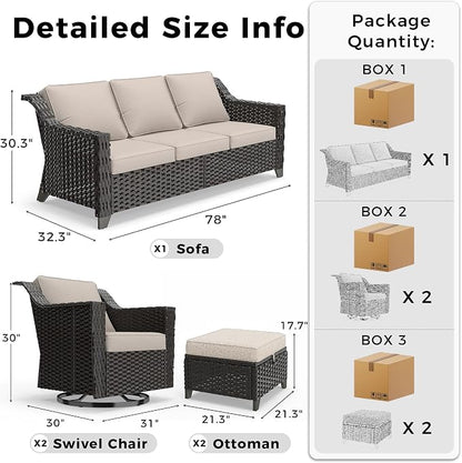 4 Pieces Patio Conversation Furniture Set - 1 Sofa, 2 Swivel Chairs, 1 Side Table, Outdoor Wicker Furniture with Removable Cushions for Porch, Balcony, Sunroom (Beige)