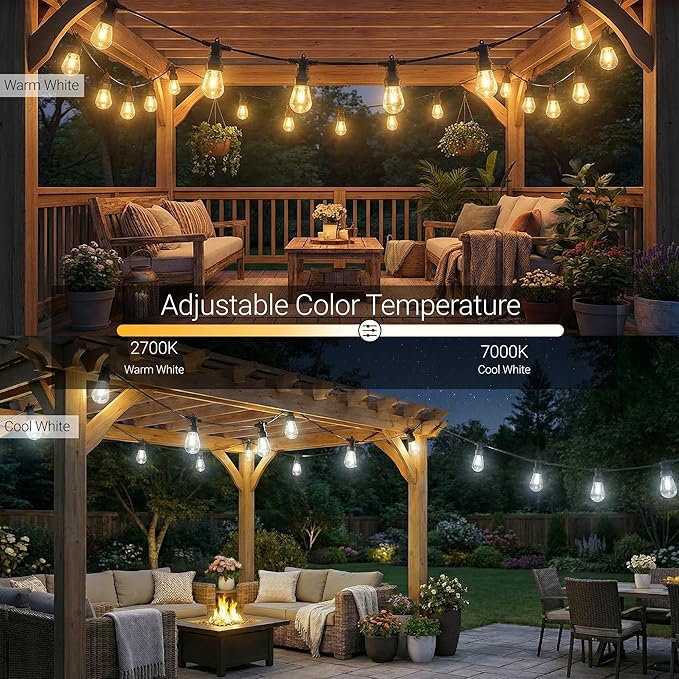 Outdoor String Lights 50FT,Warm & Cool White Patio Lights,Waterproof | 20 LED S14 Plastic Bulbs, 2700K-7000K Tunable White, APP & Remote, Dimmable, IP67 Waterproof, Shatterproof, 24V Low Voltage