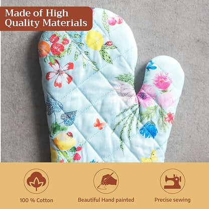 Maison d'Hermine Oven Gloves 100% Cotton Oven Mitt 7" x 13" with Loop Heat Resistant BBQ Cooking Gloves Baking Grilling Kitchen Hotel Home Farmhouse Spring Summer (Pack of 1, Jardin D'Ete - Mint)