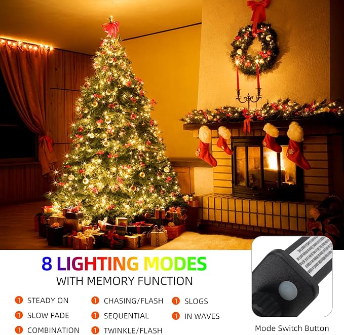MZD8391 328FT 1000 LED Christmas Light Outdoor Indoor, Christmas Tree Light | Warm White, 100% UL Listed, Waterproof, 8 Light Modes, Timer & Memory, Christmas String Light Decoration, Fairy Tree Light