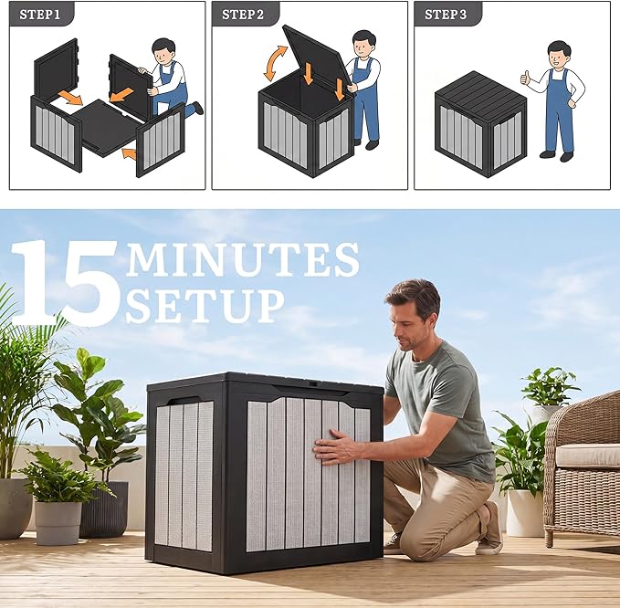 YITAHOME 30 Gallon Deck Box, Waterproof Resin Outdoor Storage Box, Doubles as Bench Seating for Patio Furniture Cushions,Garden Tools & Pool Accessories, Black & Gray