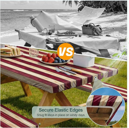 Picnic Table Cover Bench Covers Camping Essentials Tablecloth | Waterproof Vinyl for Outdoor, Windproof Elastic Fitted Edges, RV BBQ Accessories Must Haves, Storage Bag Included