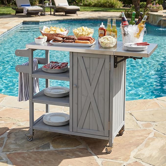 JIVOIT Outdoor Kitchen Island with Foldable Stainless Steel Tabletop, Patio Fir Wood Kitchen Cart Portable Prep Station with Lockable Wheels, Storage Cabinet and Towel Rack (Grey/123)